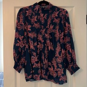 Rose + Olive blouse, dark teal/blue with pink/maroon flowers, size L